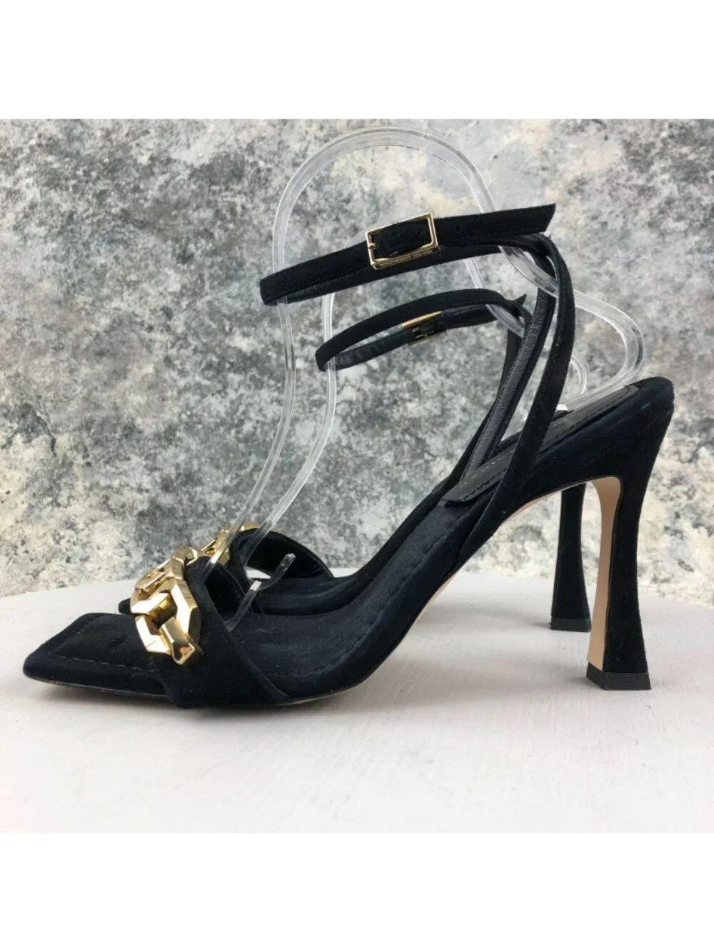 Good American Women' Size 9 Black Gold Chain Ankle Strap High Heel Sandals SPAIN